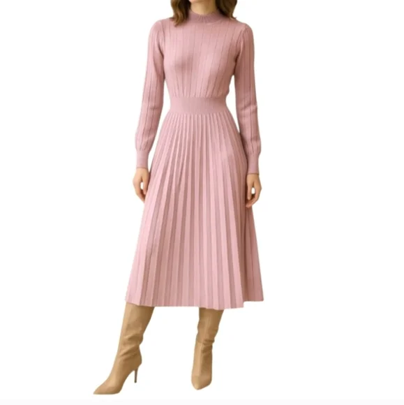 Sweater Dress Pink Long Sleeve Pleated Midi Dress Medium Mauve - Picture 8 of 8
